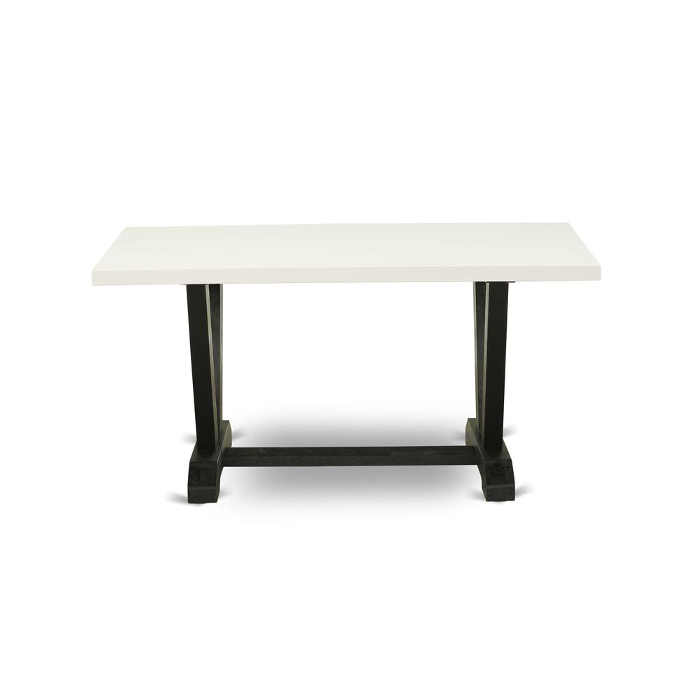 V626MZ606-6 6 Pc Dinette Set - Linen White Dining Table with a Small Wood Bench and 4 Shitake Chairs - Wire Brushed Black Finish. Picture 4