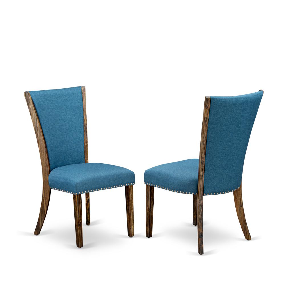 East West Furniture - Set of 2 - Upholstered Chair- Dining Chair Includes Distressed Jacobean Wood Frame with Blue Linen Fabric Seat with Nail Head and Stylish Back. Picture 1