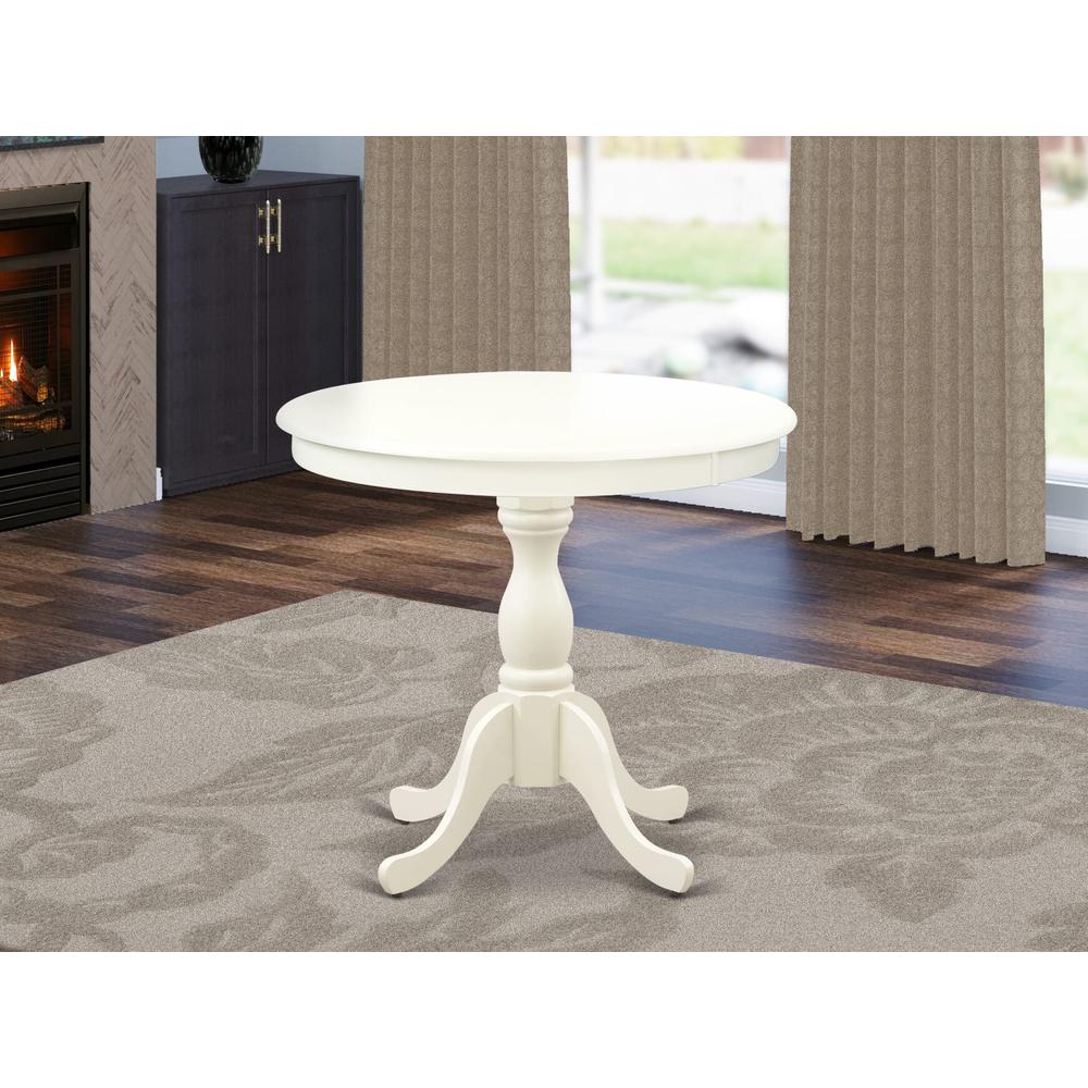 Round Modern Dining Table Linen White Color Table Top Surface and Asian Wood Round Dining Table Pedestal Legs -Linen White Finish. Picture 2