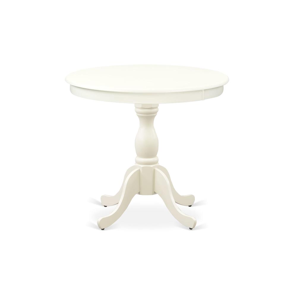 Round Modern Dining Table Linen White Color Table Top Surface and Asian Wood Round Dining Table Pedestal Legs -Linen White Finish. Picture 1