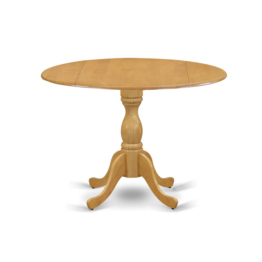 East West Furniture DMT-OAK-TP Round Mid Century Table Drops Leave Oak Color Table Top Surface and Asian Wood Kitchen Dining Table Pedestal Legs -Oak Finish. Picture 1