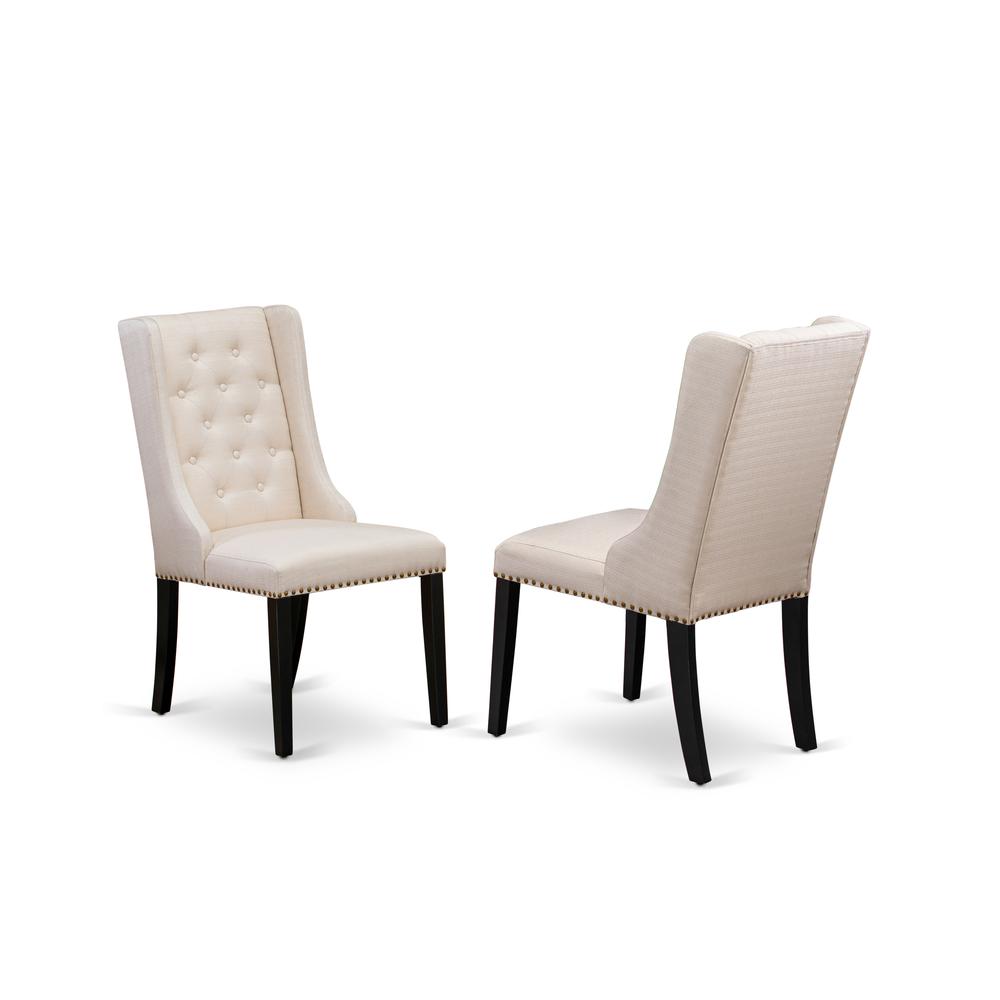 FOP1T01 Dining Padded Chairs - Cream Linen Fabric Kitchen Parson Chairs and Button Tufted Back with Black Rubber Wood Legs - Parson Dining Chairs Set of 2 - Set of 2. Picture 1