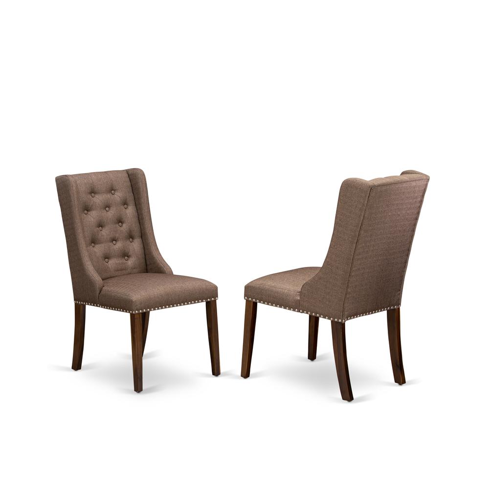 FOP8T18 Mid Century Dining Chairs - Brown Linen Fabric Parson Dining Chairs and Button Tufted Back with Antique Walnut Rubber Wood Legs - Modern Dining Chairs Set of 2 - Set of 2. Picture 1
