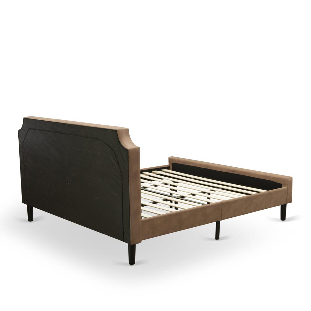 GB28K-2GA07 3-Piece Platform Bed Set with a Modern Bed and 2 Distressed Jacobean End Tables - Brown Faux Leather and Black Legs. Picture 6