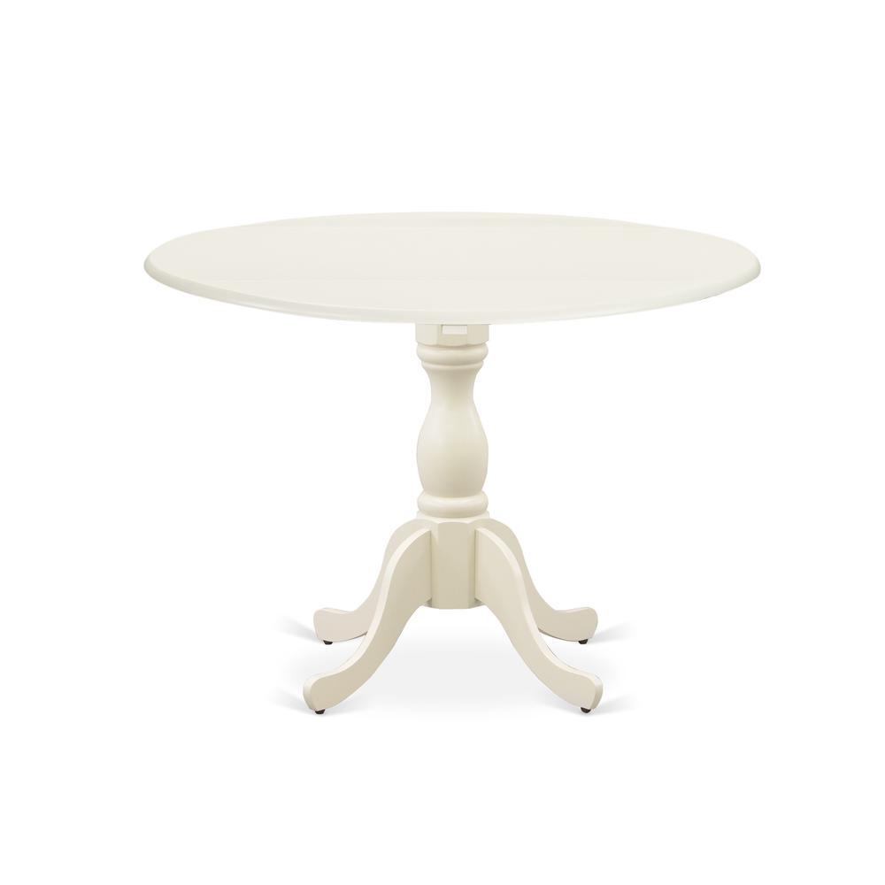 East West Furniture DMT-LWH-TP Round Wood Table Linen White Color Drops Leave Table Top Surface and Asian Wood Dining Table Pedestal Legs -Linen White Finish. Picture 1