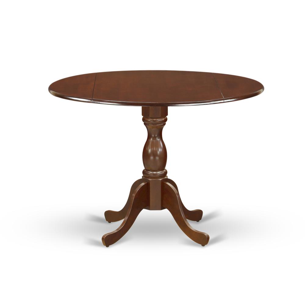 East West Furniture DMT-MAH-TP Round Table Mahogany Color Drops Leave Table Top Surface and Asian Wood Mid Century Table Pedestal Legs -Mahogany Finish. Picture 1