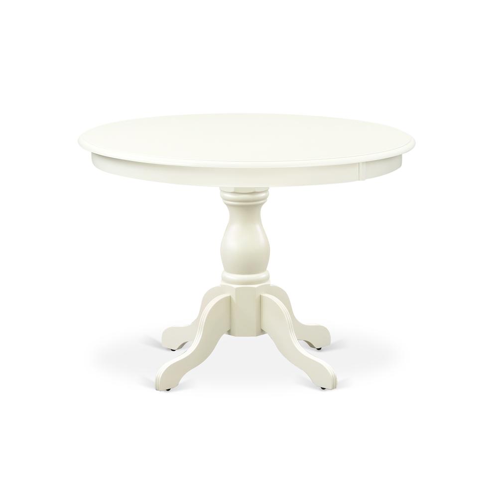 HBT-LWH-TP East West Furniture Modern Dining Room Table with Linen White Color Table Top Surface and Asian Wood Dinette Table Pedestal Legs - Linen White Finish. Picture 1