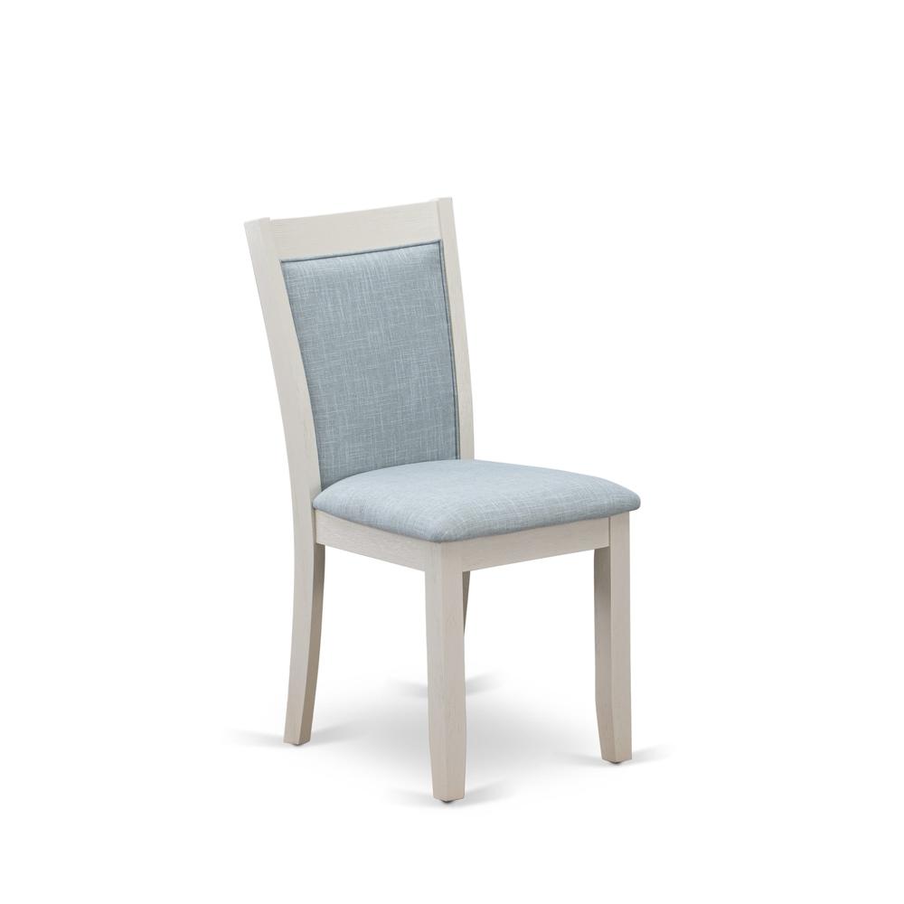 V076MZ015-6 6-Pc Dining Set Consists of a Wood Table - 4 Baby Blue Parson Chairs and a Bench - Wire Brushed Linen White Finish. Picture 8