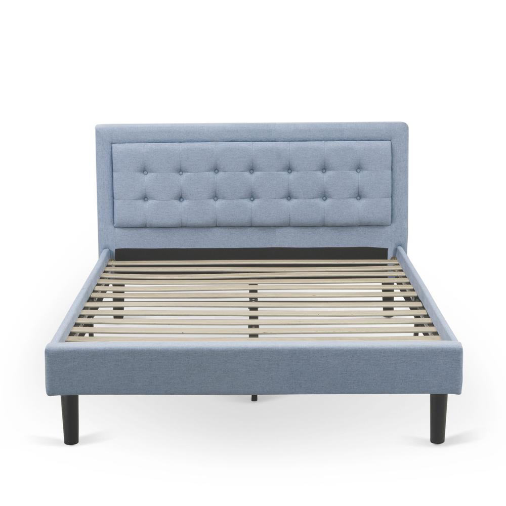 FN11Q-2GO15 3-Piece Platform Bed Set with 1 Mid Century Bed and 2 Small Nightstands - Denim Blue Linen Fabric. Picture 3