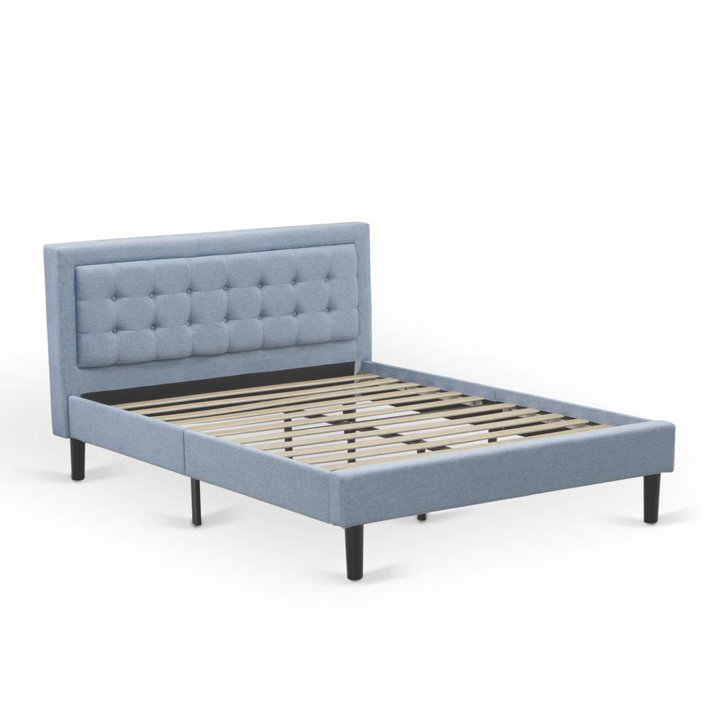 FN11Q-2GO15 3-Piece Platform Bed Set with 1 Mid Century Bed and 2 Small Nightstands - Denim Blue Linen Fabric. Picture 4