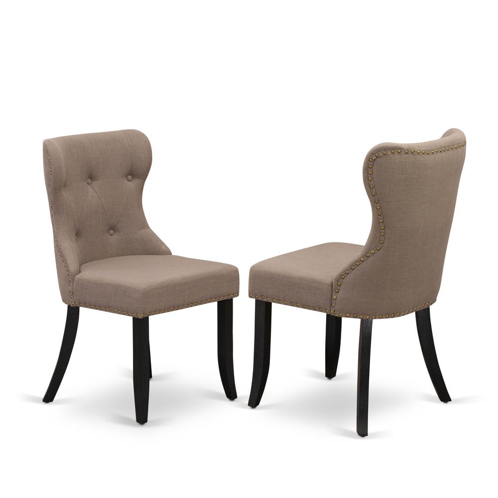 East West Furniture - Set of 2 - Dining Room Chair- Upholstered Dining Chairs Includes Wirebrushed Black Wooden Frame with Coffee Linen Fabric Seat with Nail Head and Button Tufted Back. Picture 1