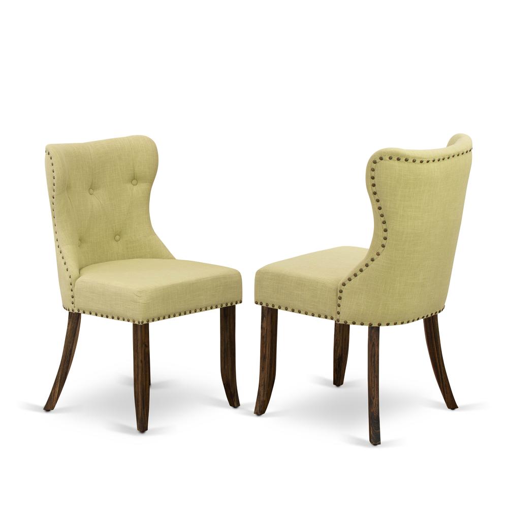 East West Furniture - Set of 2 - Parsons Chair- Upholstered Chair Includes Distressed Jacobean Wooden Structure with Limelight Linen Fabric Seat with Nail Head and Button Tufted Back. Picture 1