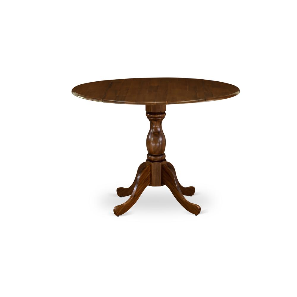 East West Furniture DMT-AWA-TP Round Mid Century Table Acacia Walnut Color Table Top Surface and Asian Wood Drops Leave Small Table Pedestal Legs -Acacia Walnut Finish. Picture 1