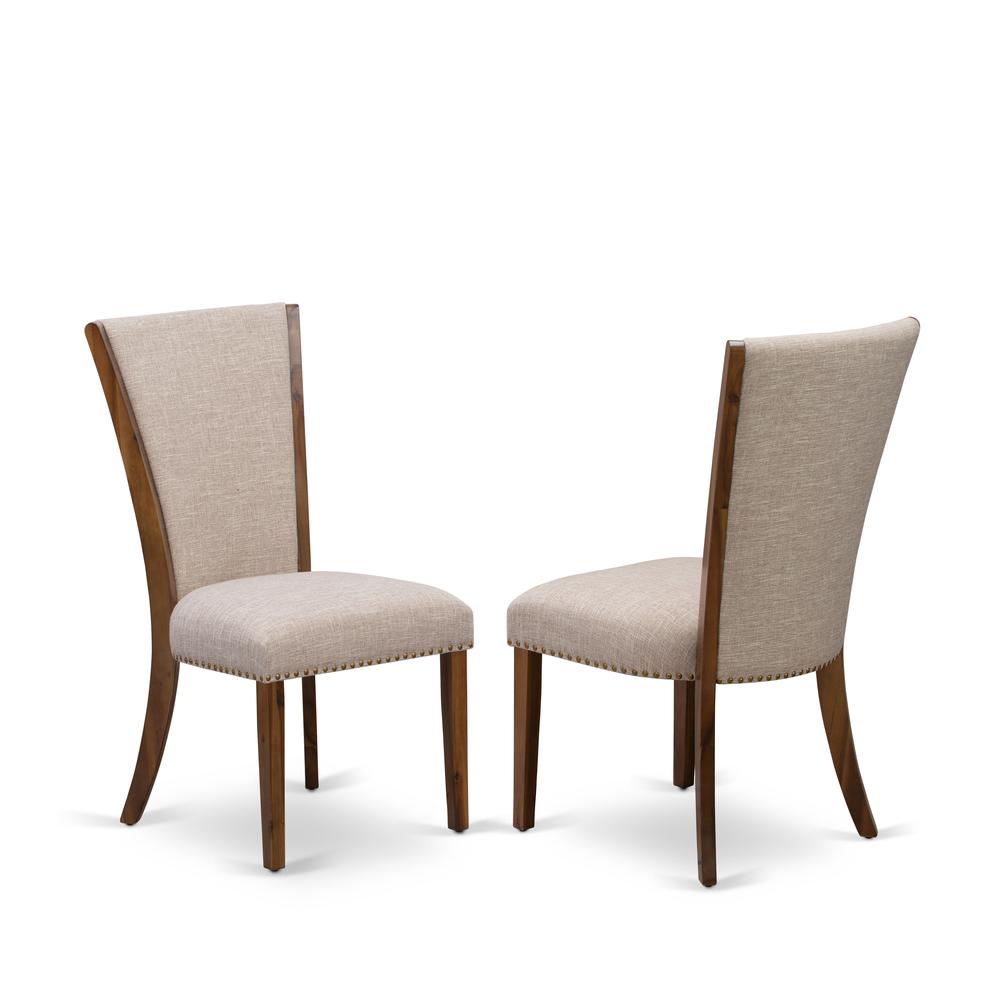 East West Furniture - Set of 2 - Modern Chairs- mid century Dining Chairs Includes Antique Walnut Wooden Structure with Light Tan Linen Fabric Seat with Nail Head and Stylish Back. Picture 1