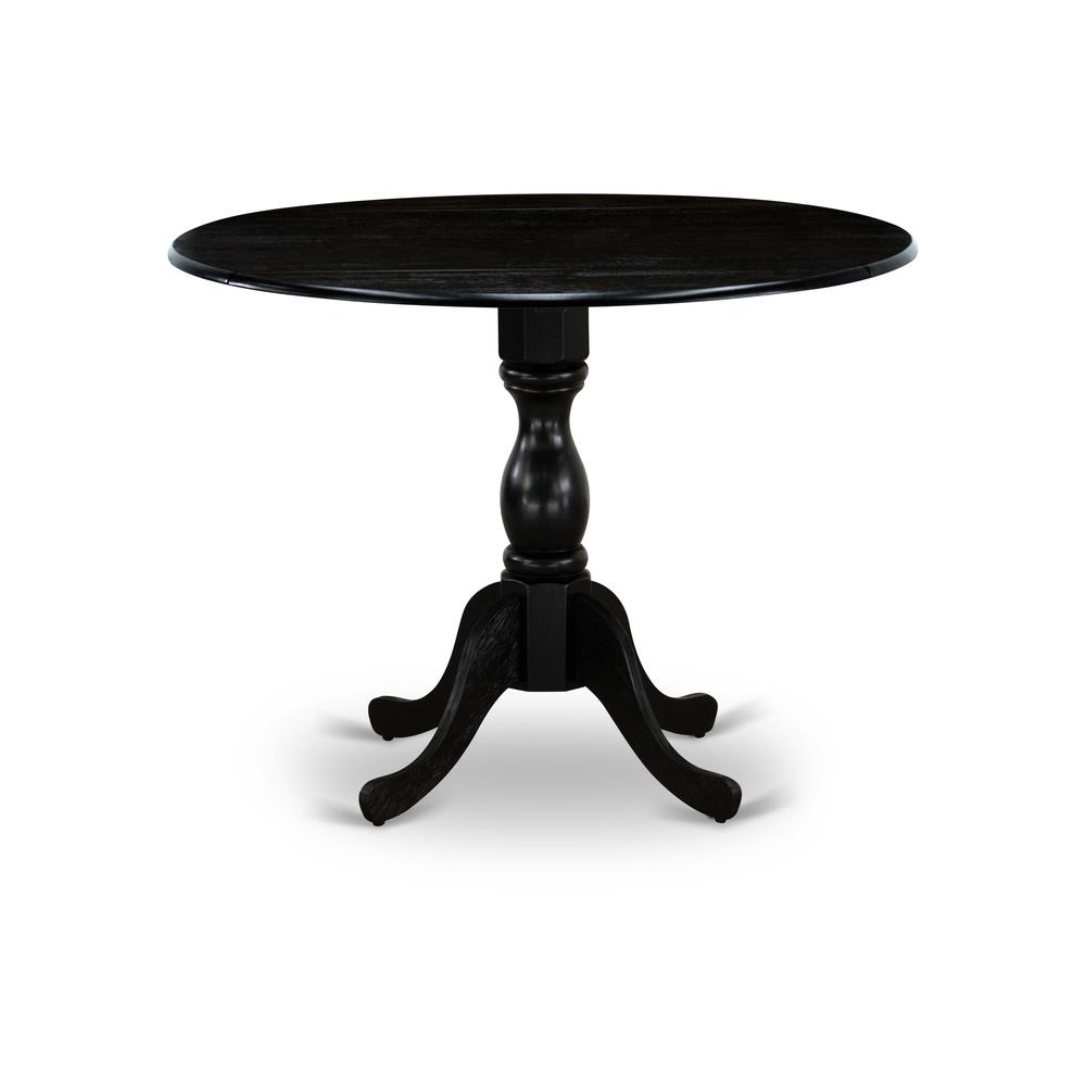 East West Furniture DMT-ABK-TP Round wood table Wire Brushed Black Color Table Top Surface and Asian Wood Drops Leave Kitchen table with Pedestal Legs - Wire Brushed Black Finish. Picture 1