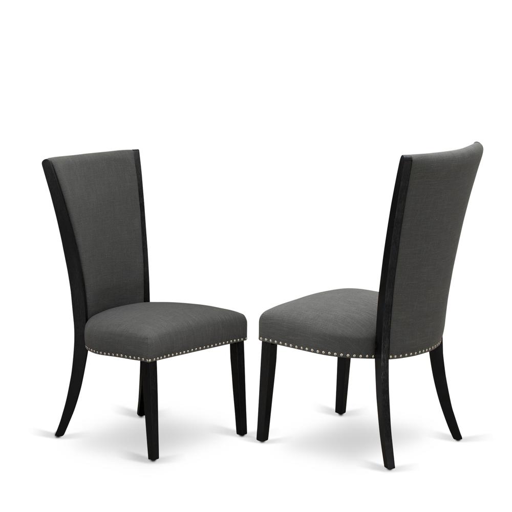East West Furniture - Set of 2 - Dining Room Chairs- Wooden Chair Includes Black Wooden Structure with Dark Gotham Grey Linen Fabric Seat with Nail Head and Stylish Back. Picture 1
