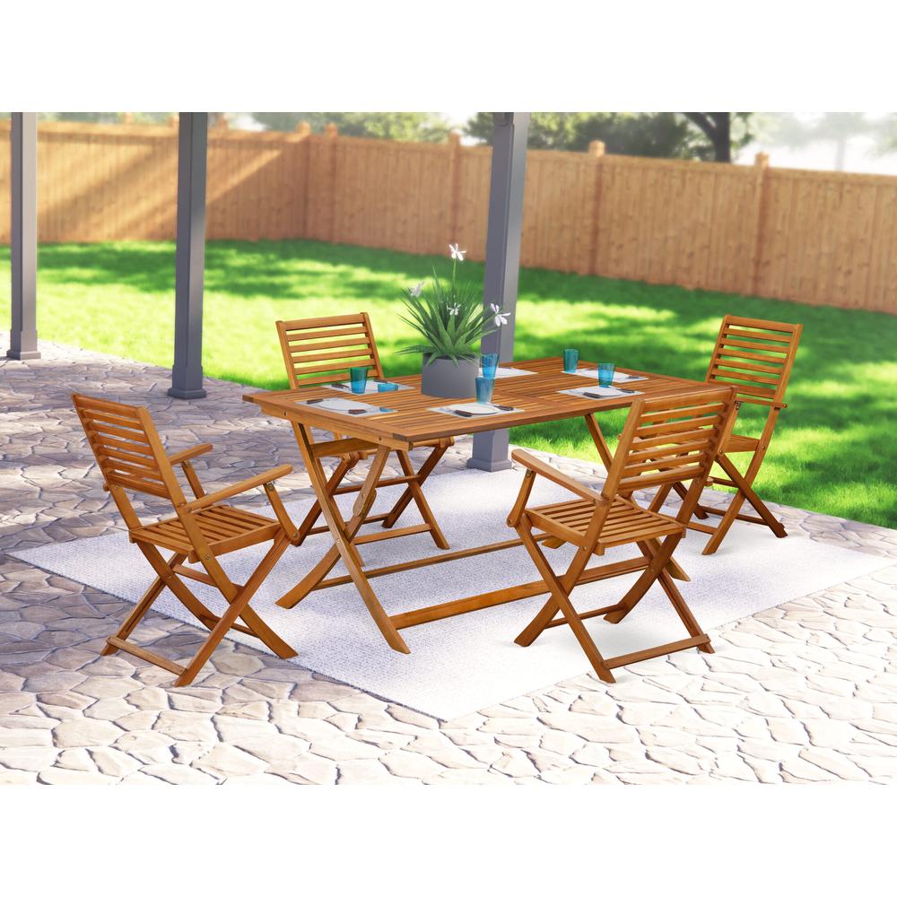 East West Furniture 5 Piece Excellent Folding Table Set- Great for The Shore, Camping, Picnics - Beautiful Wood Patio Table with 4 Lawn ArmChairs- Natural Oil Finish. Picture 1