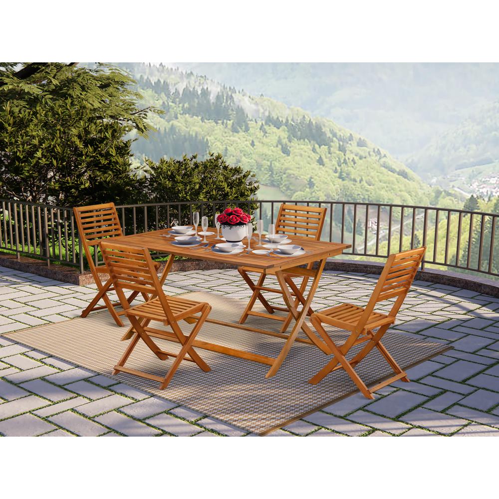 East West Furniture 5 Piece Superior Patio Dining Table Set- Ideal for The Beach, Campy, Picnics - Beautiful Bistro Table with 4 Arms Less Outdoor Folding Chairs - Natural Oil Finish. Picture 1