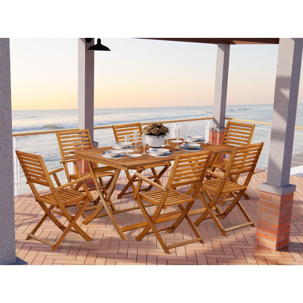 East West Furniture 7 Piece Innovative Outside Patio Set- Excellent for The Shore, Camping, Picnics - Gorgeous Outdoor Patio Table with 6 Outdoor Patio ArmChairs- Natural Oil Finish. Picture 1