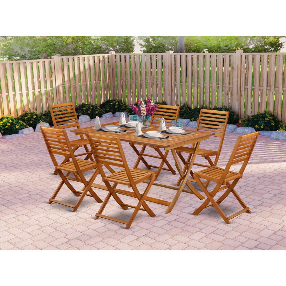 East West Furniture 7 Piece Bistro Table Set Outdoor- Great for The Beach, Campy, Picnics - Wonderful Wood Folding Table with 6 Arms Less Modern Dining Chairs- Natural Oil Finish. Picture 1