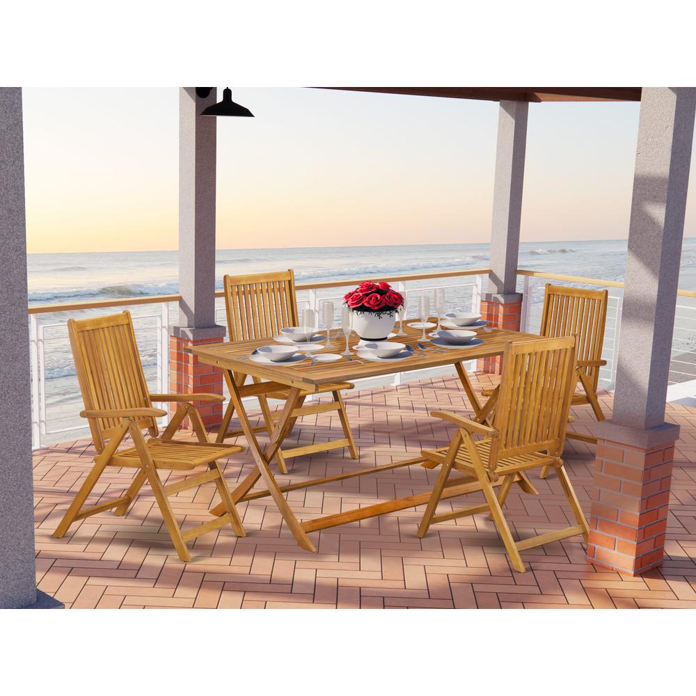 AECN5C5NA - 5 Piece Innovative Patio Dining Set - An Outdoor Table with Multi-Positions 4 Folding Patio Chairs- Natural Oil Finish. Picture 1