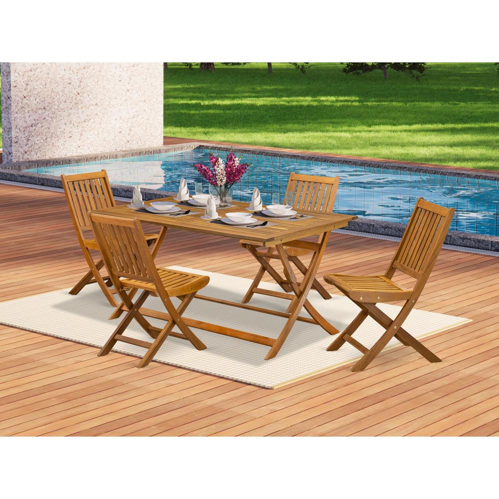 East West Furniture 5 Piece Stylish Bistro Patio Set- Perfect for The Shore, Camping, Picnics - Attractive Outdoor Table with 4 Arms Less Lawn Chairs- Natural Oil Finish. Picture 1