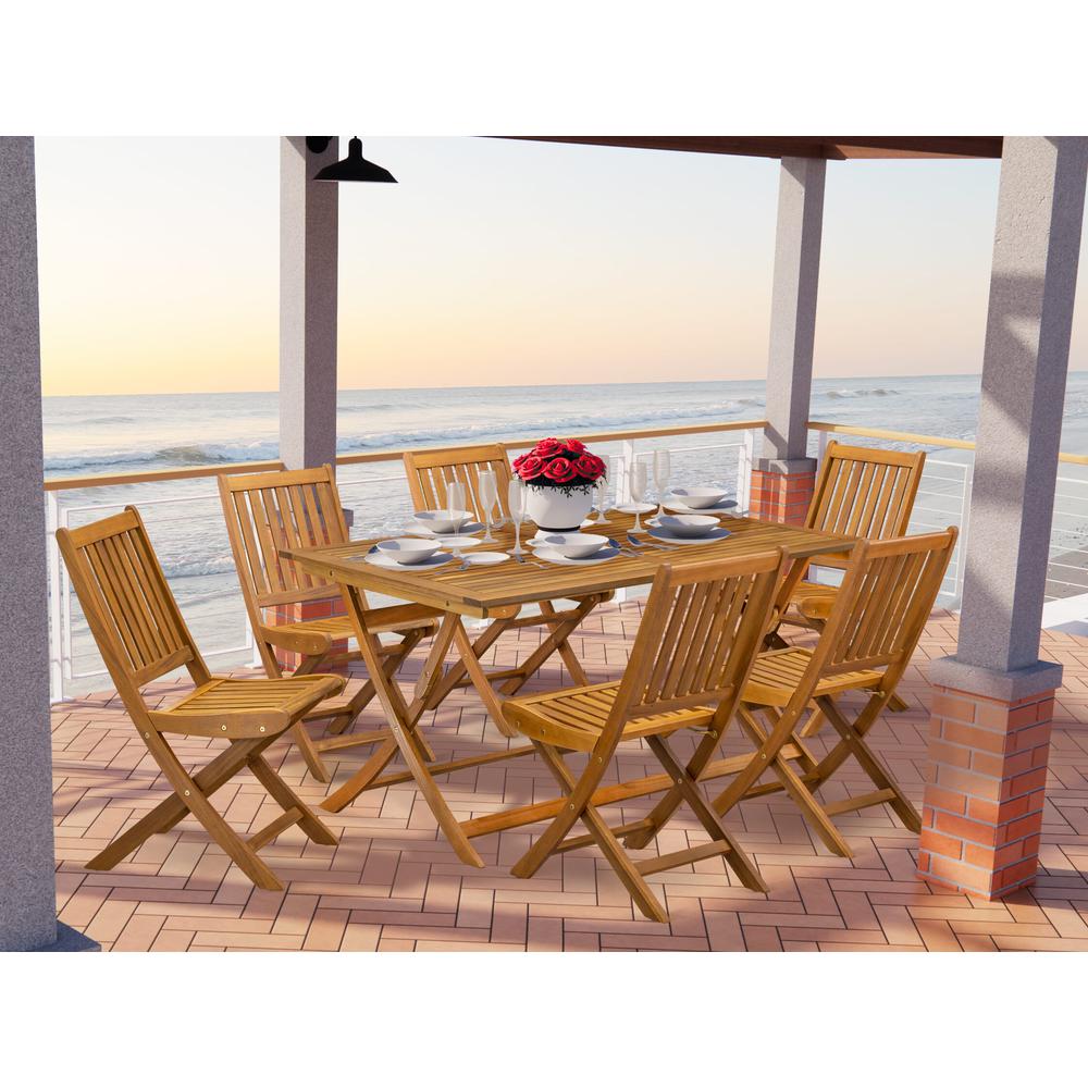 East West Furniture 7 Piece Superior Garden Set- Suitable for The Shore, Camping, Picnics - Lovely Wood Dining Table with 6 Arms Less Folding Patio Chairs- Natural Oil Finish. Picture 1