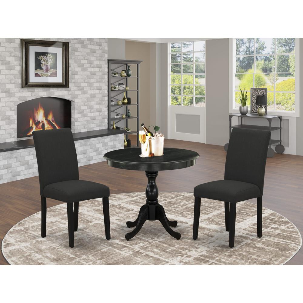 East West Furniture 3 Piece DINETTE SET Contains 1 Wooden Dining Table and 2 Black Linen Fabric Dinning Chairs with High Back – Wire Brushed Black Finish. Picture 2