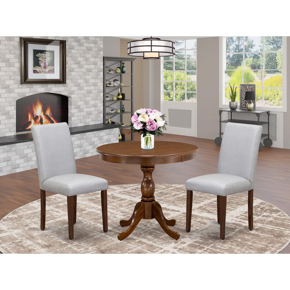East West Furniture 3 Piece Dining Set Includes 1 Dinner Table and 2 Grey Linen Fabric Kitchen Chairs with High Back - Acacia Walnut Finish. Picture 1