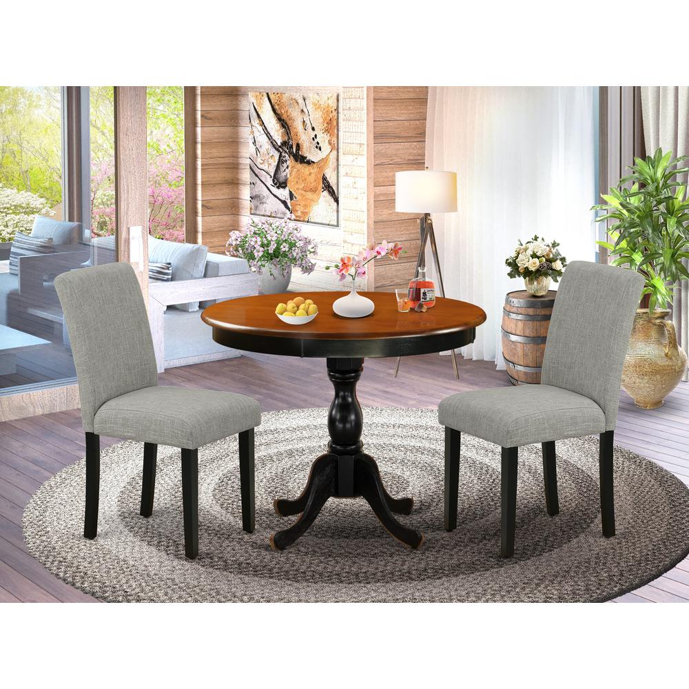 East West Furniture 3-Pc Dinning Room Set Contains a Round Dining Room Table and 2 Shitake Linen Fabric Dinner Chairs with High Back - Black Finish. Picture 1