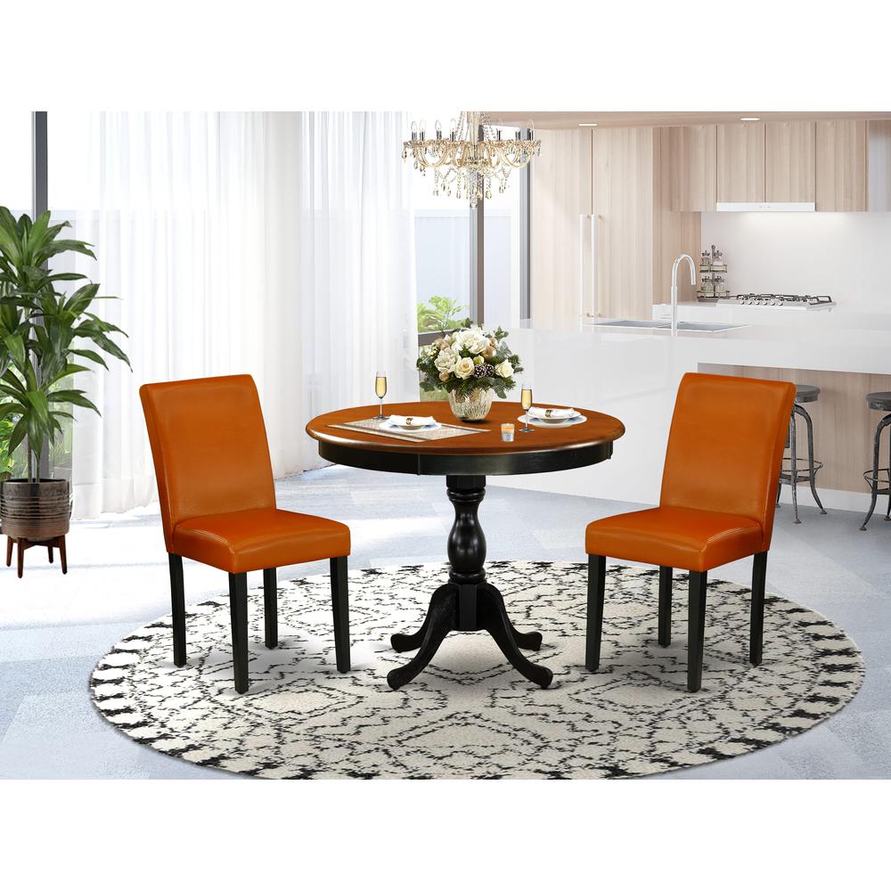 East West Furniture 3-Piece Round Dining Table Set Contains a Dining Table and 2 Baked Bean PU Leather Mid Century Dining Chair with High Back - Black Finish. Picture 1