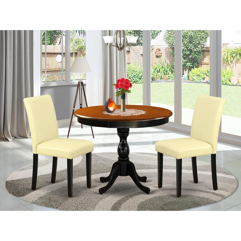 East West Furniture 3-Pc Dining Room Set Consists of a Mid Century Dining Table and 2 Eggnog PU Leather Parsons Chairs with High Back - Black Finish. Picture 1