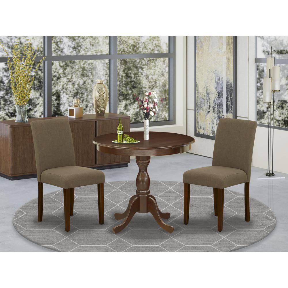 AMAB3-MAH-18 3 Pc Dining Room Set - 1 Kitchen Table and 2 Coffee Upholstered Dining Chair - Mahogany Finish. Picture 1