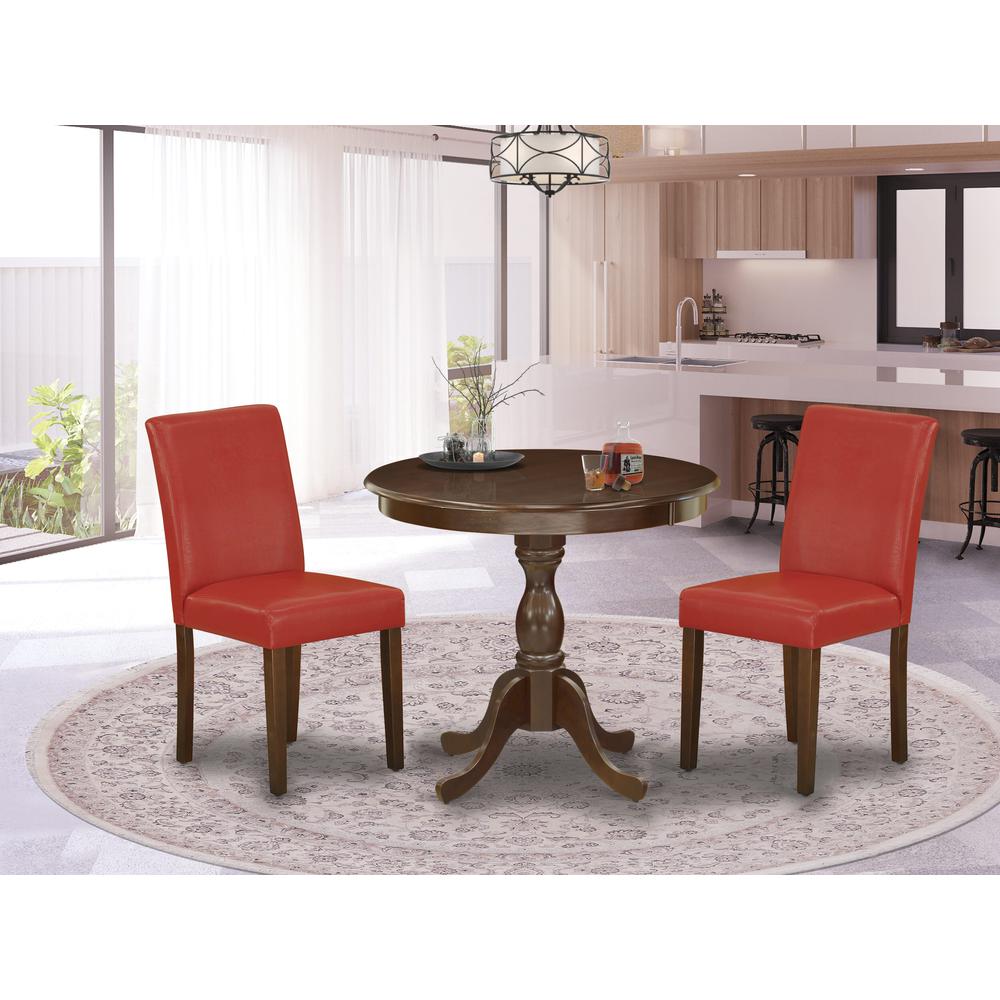 AMAB3-MAH-72 3 Piece Dining Table Set - 1 Kitchen Table and 2 Firebrick Red Dining Chairs - Mahogany Finish. Picture 1