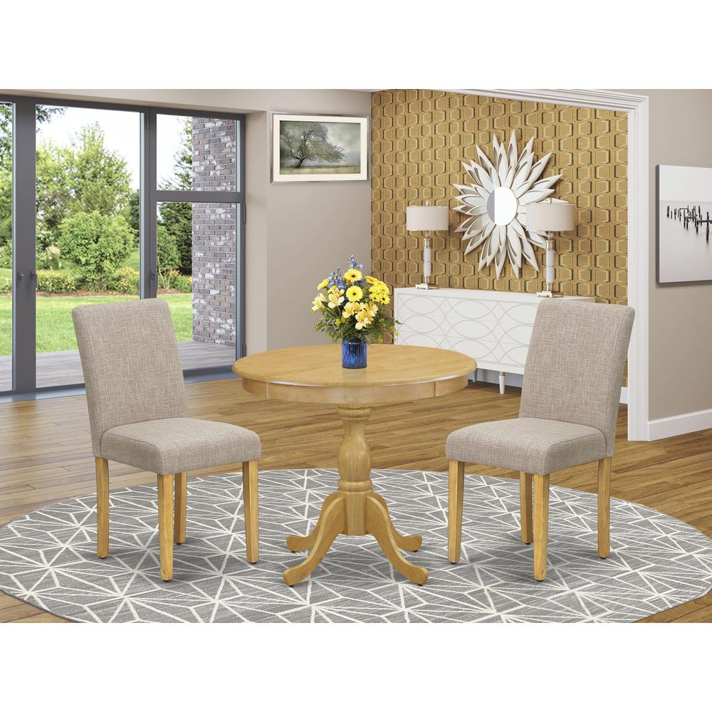 AMAB3-OAK-04 3 Piece Dining Table Set - 1 Wooden Dining Table and 2 Light Tan Padded Chairs - Oak Finish. Picture 1