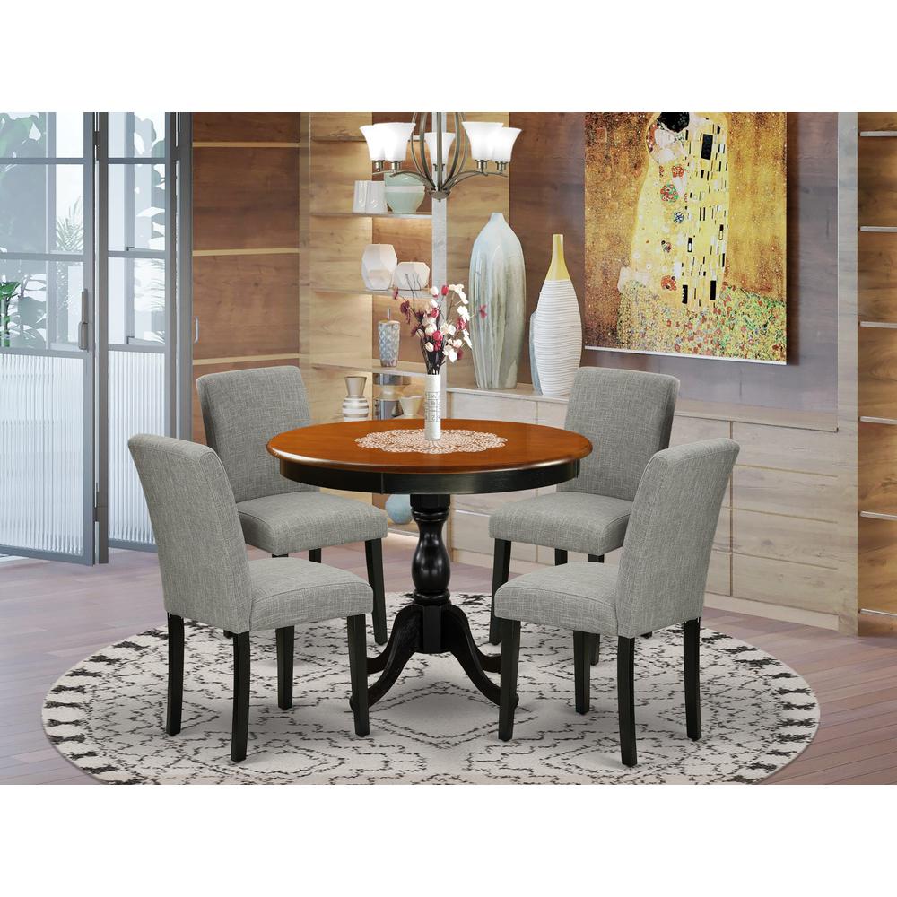 East West Furniture 5-Piece Wood Dining Set Includes a Mid Century Dining Table and 4 Shitake Linen Fabric Parson Chairs with High Back - Black Finish. Picture 1