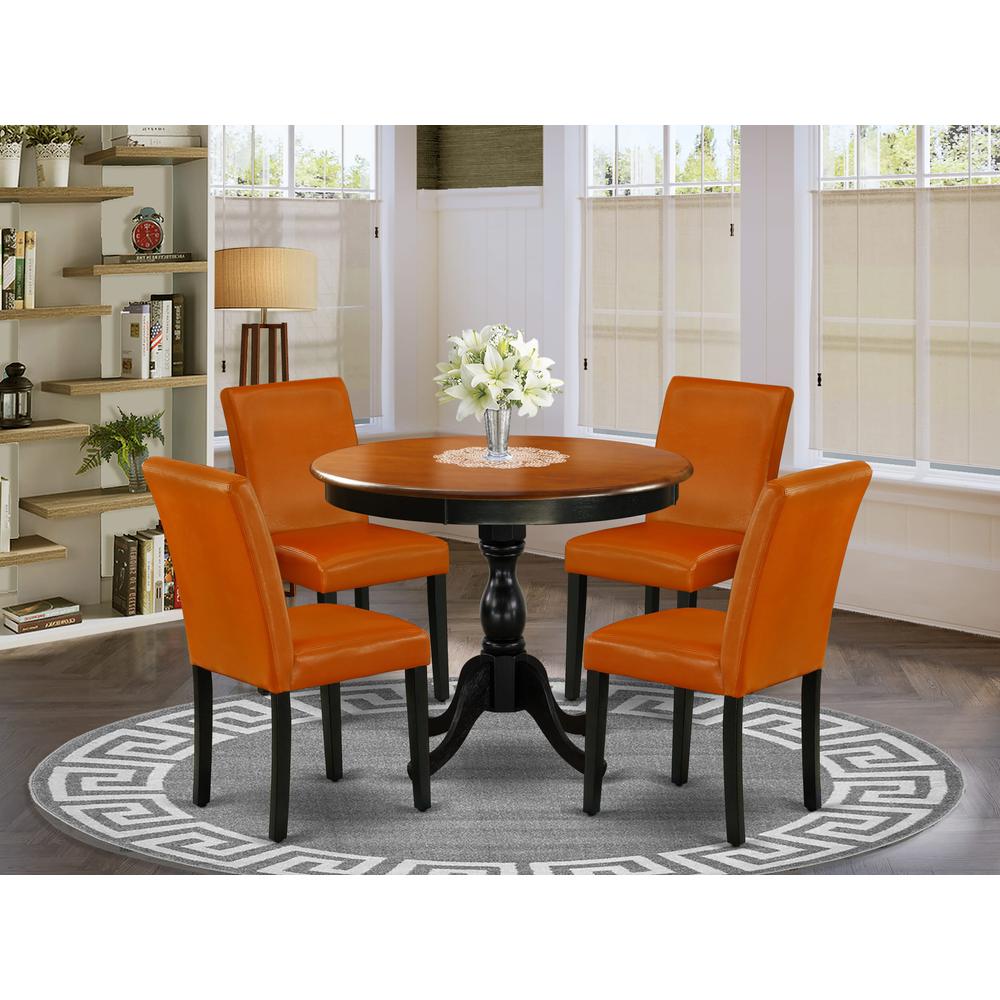 East West Furniture 5-Pc Dining Room Set Includes a Round Dinning Table and 4 Baked Bean PU Leather Dinner Chairs with High Back - Black Finish. Picture 1