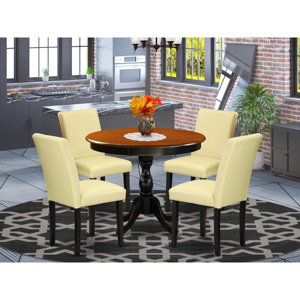 East West Furniture 5-Piece Kitchen Table Set Consists of a Round Dinning Room Table and 4 Eggnog PU Leather Dining Room Chairs with High Back - Black Finish. Picture 1
