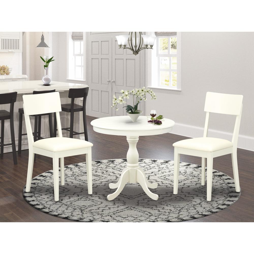 AMAD3-LWH-C 3 Piece Wooden Dining Table Set Includes 1 Dinner Table and 2 Linen White Faux Leather Dining Chairs with Ladder Back - Linen White Finish\. Picture 1