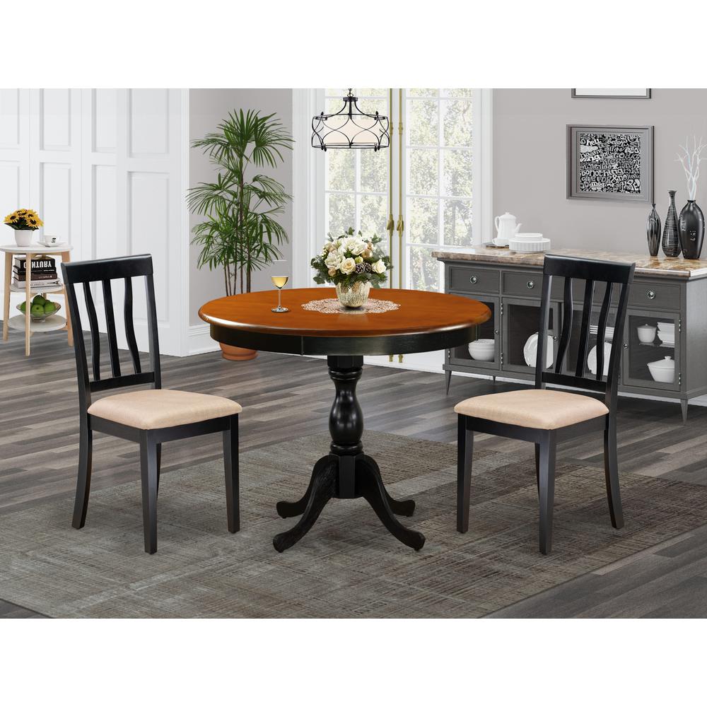 East West Furniture 3-Pc Mid Century Table Set Contains a Dining Room Table and 2 Linen Fabric Mid Century Dining Chairs with Slatted Back - Black Finish. Picture 1