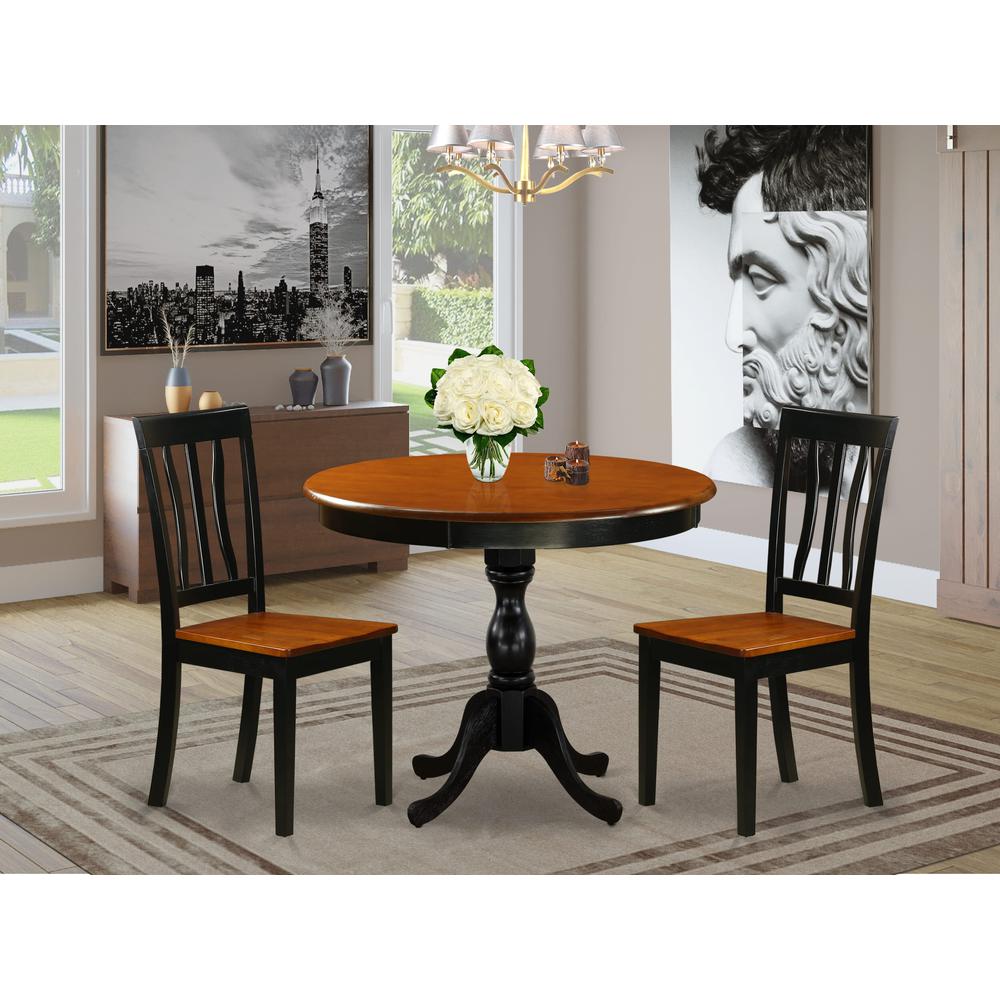 East West Furniture 3-Piece Kitchen Table Set Consist of Dining Room Table and 2 Kitchen Chairs with Slatted Back - Black Finish. Picture 2