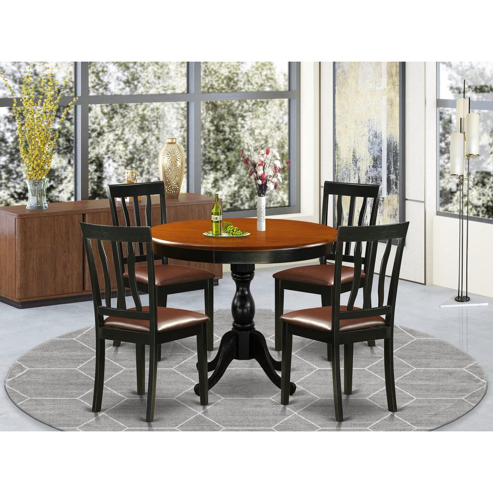East West Furniture 5-Piece Dinning Table Set Consists of a Dining Table and 4 Faux Leather Kitchen Chairs with Slatted Back - Black Finish. Picture 2