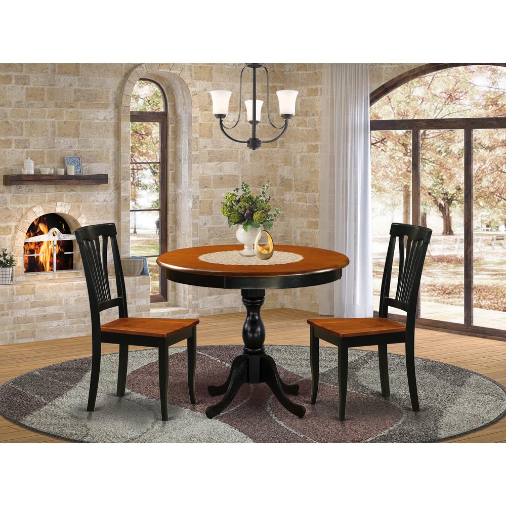 East West Furniture 3-Piece Table Set Contains a Kitchen Table and 2 Modern Dining Chairs with Slatted Back - Black Finish. Picture 2