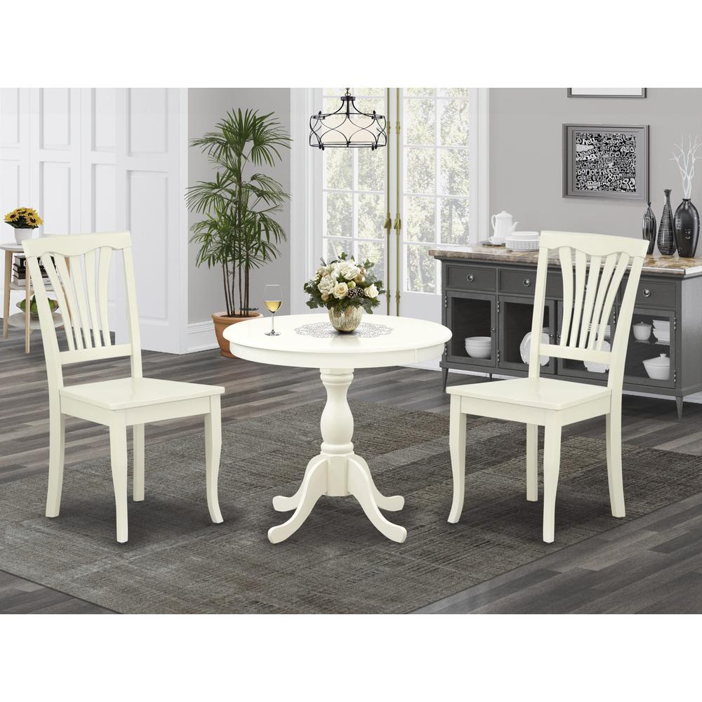 East West Furniture 3 Piece Dining Table Set Includes 1 Round Pedestal Dining Table and 2 Linen White Dinning Room Chairs with Slatted Back - Linen White Finish. Picture 1