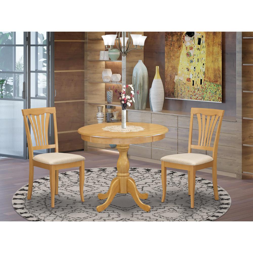 AMAV3-OAK-C 3 Piece Dining Room Set - 1 Kitchen Table and 2 Oak Linen Fabric Dinning Room Chairs - Oak Finish. Picture 1