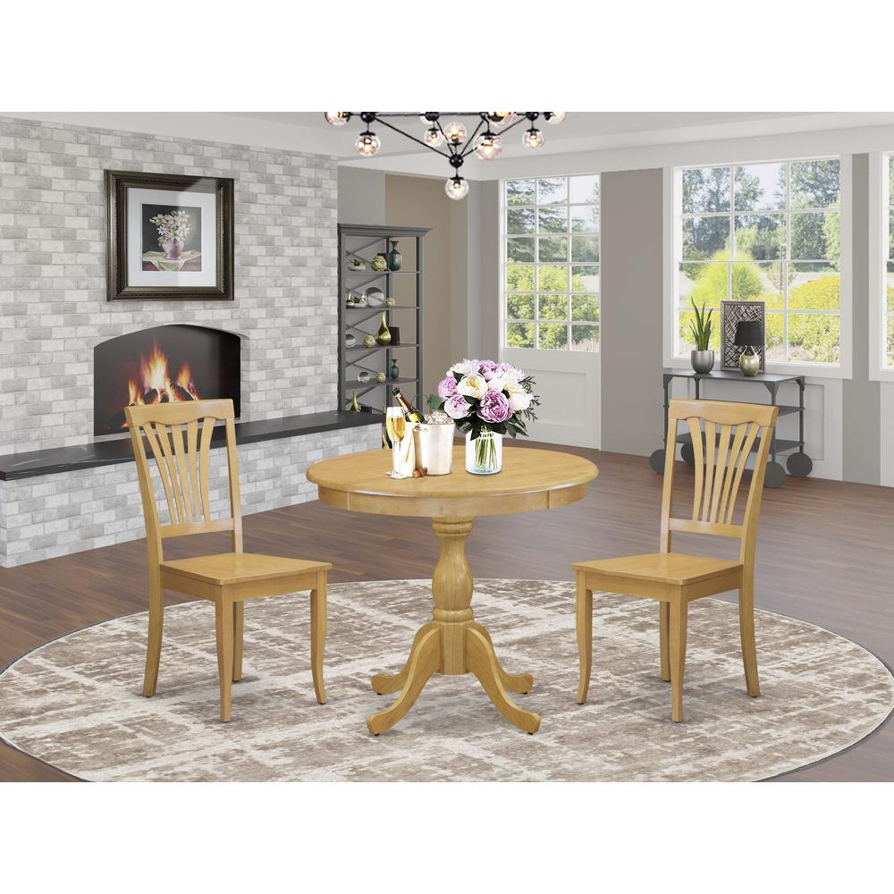 AMAV3-OAK-W 3 Piece Dining Room Table Set - 1 Dining Table and 2 Oak Mid Century Dining Chairs - Oak Finish. Picture 1