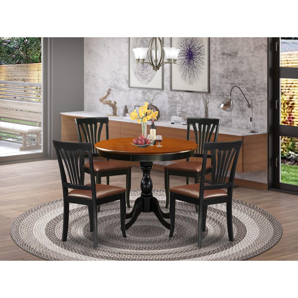 East West Furniture 5-Piece Dining Room Set Consists of a Mid Century Dining Table and 4 Faux Leather Dinner Chairs with Slatted Back - Black Finish. Picture 2