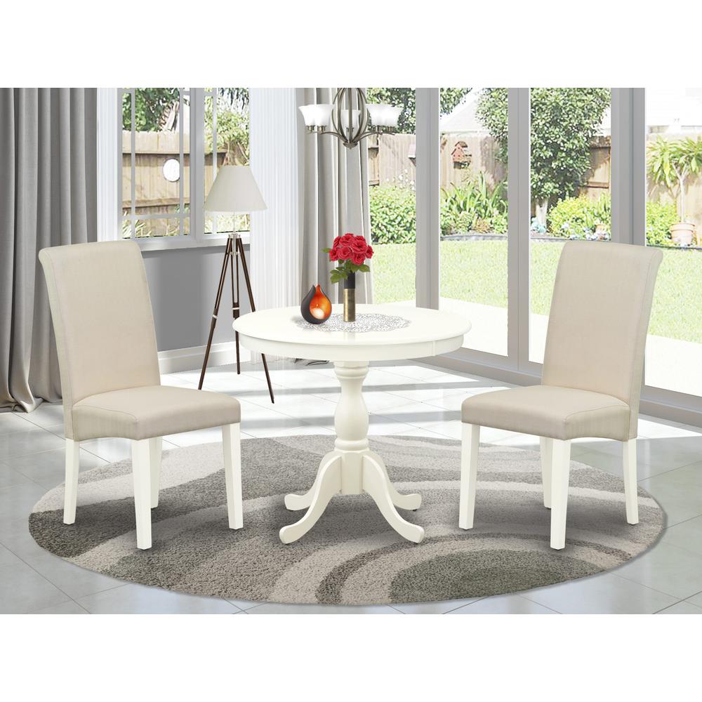 East West Furniture 3 Piece Dining Room Set Includes 1 Pedestal Table and 2 Cream Linen Fabric Kitchen Chairs with High Back - Linen White Finish. Picture 1