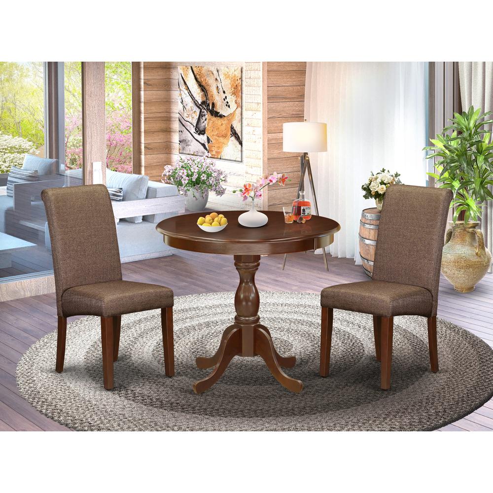 AMBA3-MAH-18 3 Piece Kitchen Table Set - 1 Wood Dining Table and 2 Brown Parson Chairs - Mahogany Finish. Picture 7