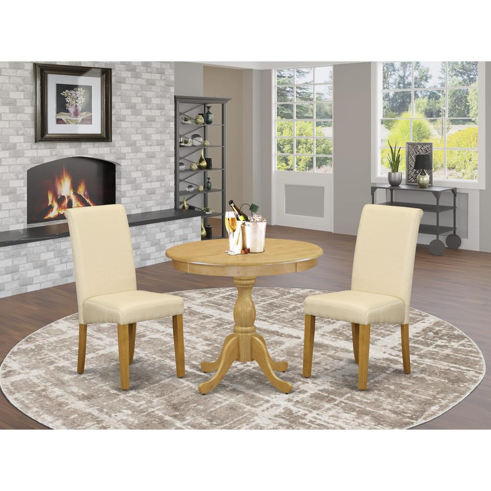AMBA3-OAK-02 3 Piece Dining Set - 1 Pedestal Dining Table and 2 Light Beige Dinning Room Chairs - Oak Finish. Picture 1